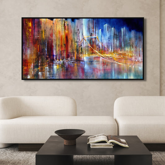 Golden City Lights – Abstract Urban Skyline Bridge Framed Art