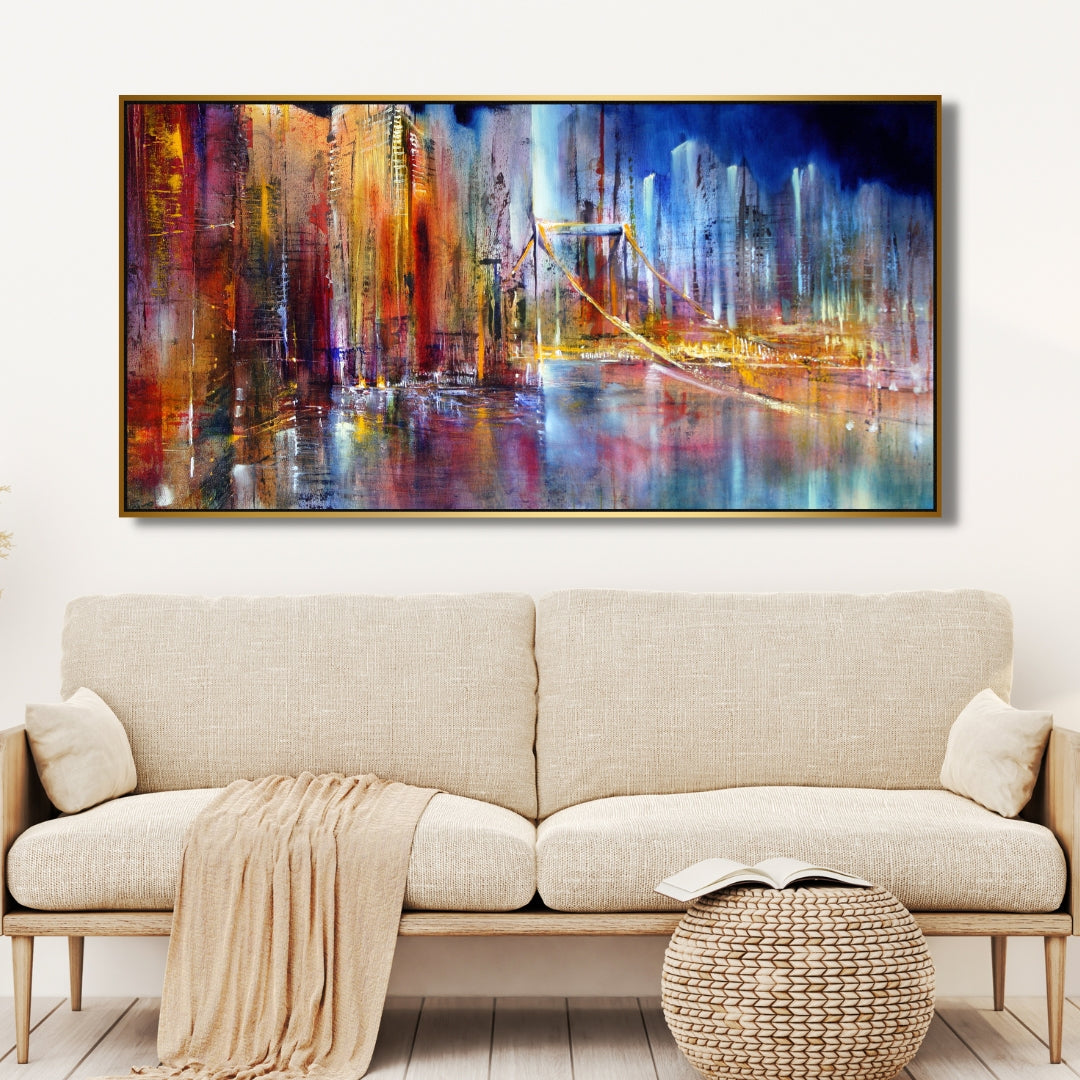 Golden City Lights – Abstract Urban Skyline Bridge Framed Art