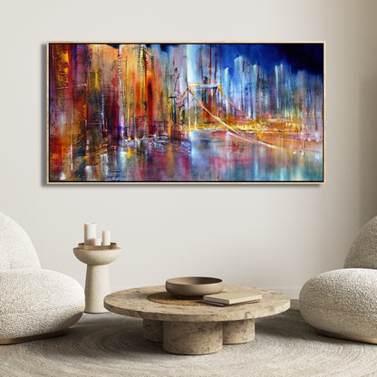 Golden City Lights – Abstract Urban Skyline Bridge Framed Art