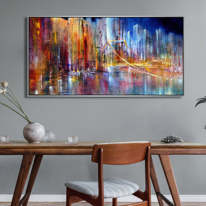Golden City Lights – Abstract Urban Skyline Bridge Framed Art