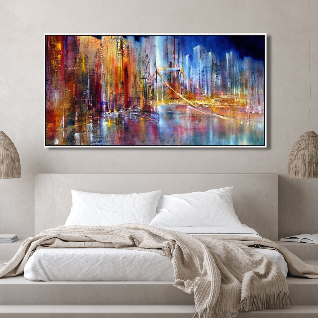Golden City Lights – Abstract Urban Skyline Bridge Framed Art