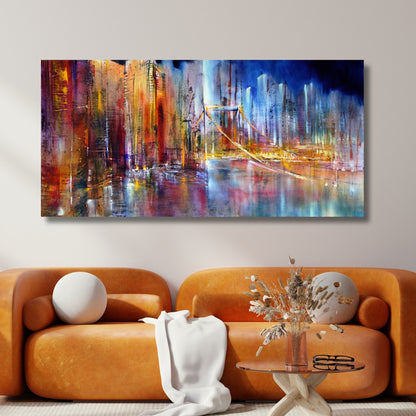 Golden City Lights – Abstract Urban Skyline Bridge Framed Art